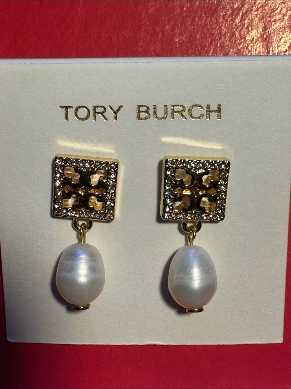 Tory Burch Gold-Tone Logo Square Earrings with White Pearl Drops